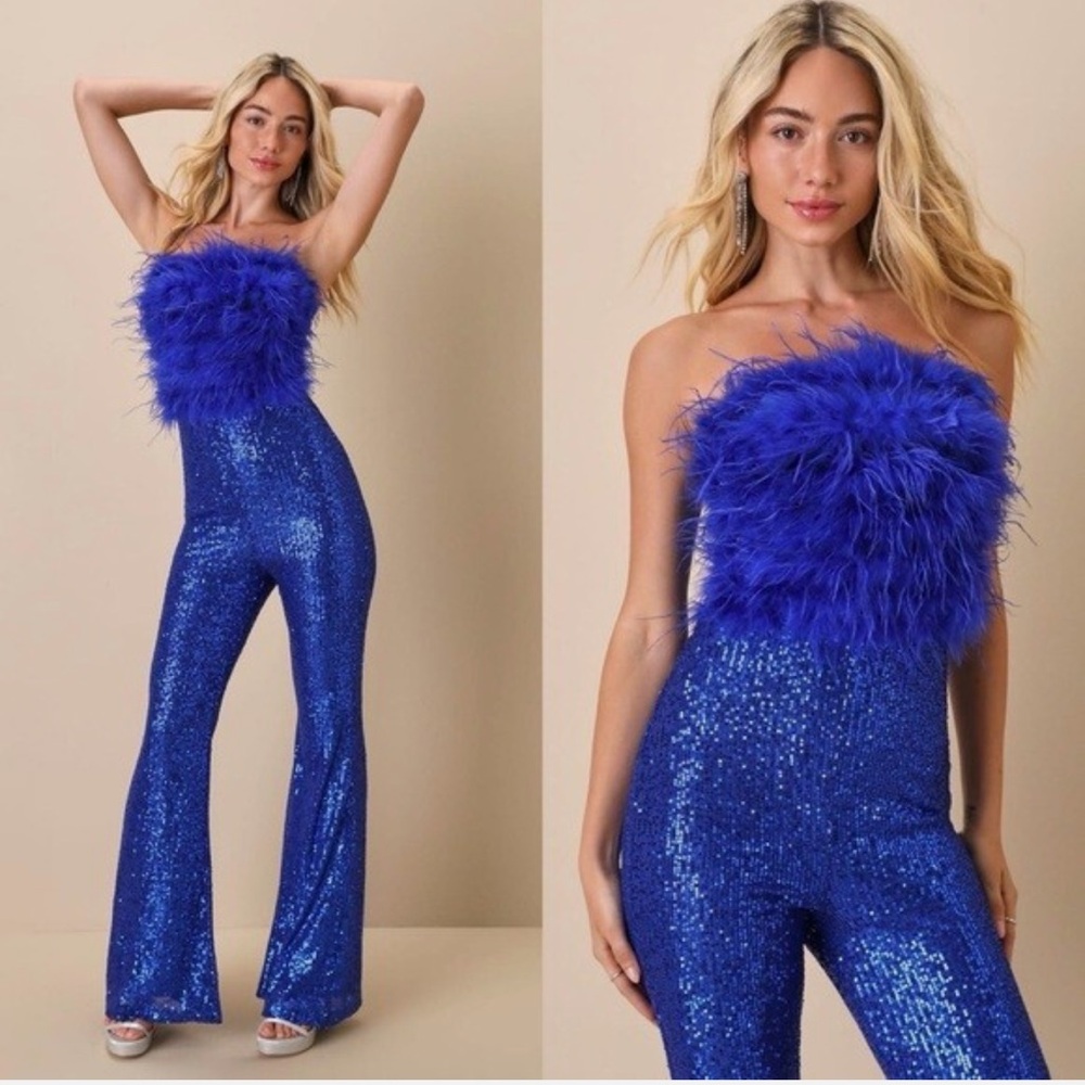 Lulu's Royal Blue Feathered Sequin Jumpsuit
